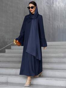 Al Najma Women's Floral Embellished Flare Sleeve Elegant Arabic Style Dress, Arabian Dresses,Modest - Navy Blue - View 5