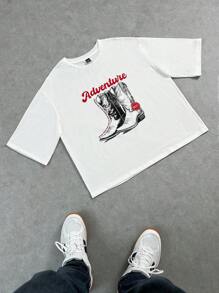 Manfinity VCAY Unisex Casual Patterned Knit Boots, Loose Dropped Shoulder Round Neck Short Sleeve T-Shirt, Suitable For Daily Wear