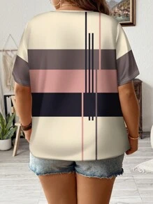 SHEIN LUNE Camiseta de talla grande con estampado de rayas de ancho completo de estilo casual y simple, para el verano - Multicolor - Ver 2