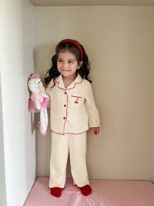 SHEIN Dozemod 女婴可爱简约樱桃印花翻领前开长袖长裤休闲舒适睡衣套装，2 件 - 彩色 - 查看 6