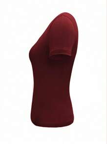 SHEIN EZwear 女士酒红色字母纽扣半襟短袖休闲短款 T 恤 - 酒紅色 - 查看 4
