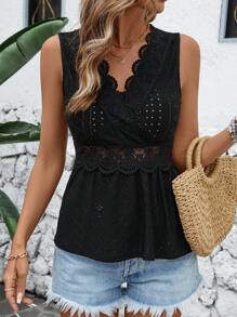 SHEIN LUNE V-Neck Women Plain Color Lace Trim Casual Fashion Tank Top, Suitable For Summer