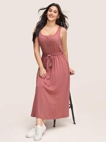 Comfylo Đầm cotton mùa hè thiết kế nút màu trơn cỡ lớn cho nữ không tay cổ vuông giản dị - Hồng - Xem 3