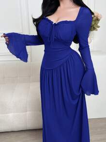 Feyla 女士纯色荷叶边系带喇叭袖连衣裙，优雅女士正式礼服 - 藍色 - 查看 4