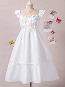 SHEIN 少女白色短袖收腰连衣裙，带彩色荷叶边下摆 - 白色 - 查看 2