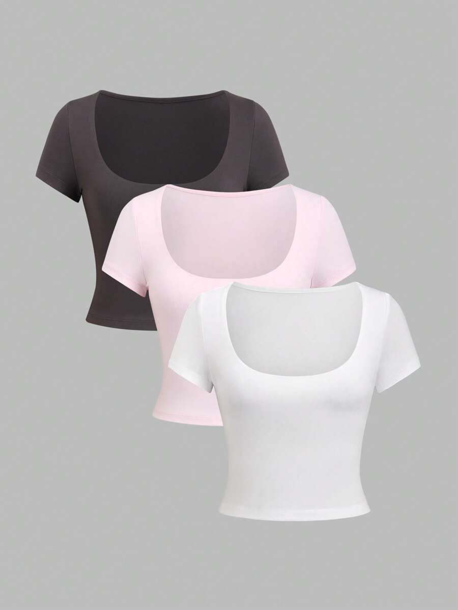 Sweetra 女士性感纯色低领修身短袖 T 恤 - 彩色 - 查看 1