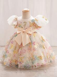 Cute Baby Girl Elegant Butterfly Pattern Organza Short Sleeve Dress, Summer