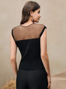 Anewsta Women Fitted Round Neck Transparent Patchwork Knit T-Shirt, Elegant For Spring & Summer - Black - View 2