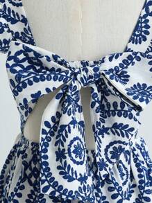 SHEIN Teen Girls Blue & White Plain Woven Square Neck Sleeveless Ruffle Hem Butterfly Back Hollow Out Mini Dress, Suitable For Vacation, Festivals, Lunch, Music Festivals