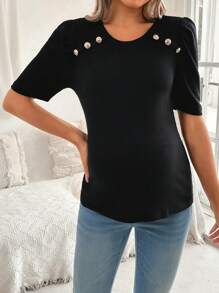 SHEIN Solid Color Ribbed Crew Neck Short Sleeve Maternity T-Shirt - Black - View 4