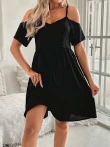 SHEIN Women's Summer Solid V-Neck Ruched Maternity Cami Dress With Shoulder Cutout In Black - Black - View 6