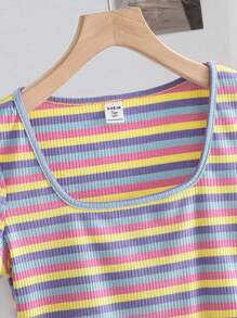 SHEIN 3 件套青少年女孩彩色条纹短款圆领短袖休闲紧身 T 恤，适合夏季