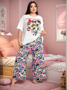 THE POWERPUFF GIRLS X SHEIN 大码春夏街头甜美 Y2K 波西米亚风度假卡通花朵泡泡毛茛图案修身针织 T 恤和裤子睡衣套装