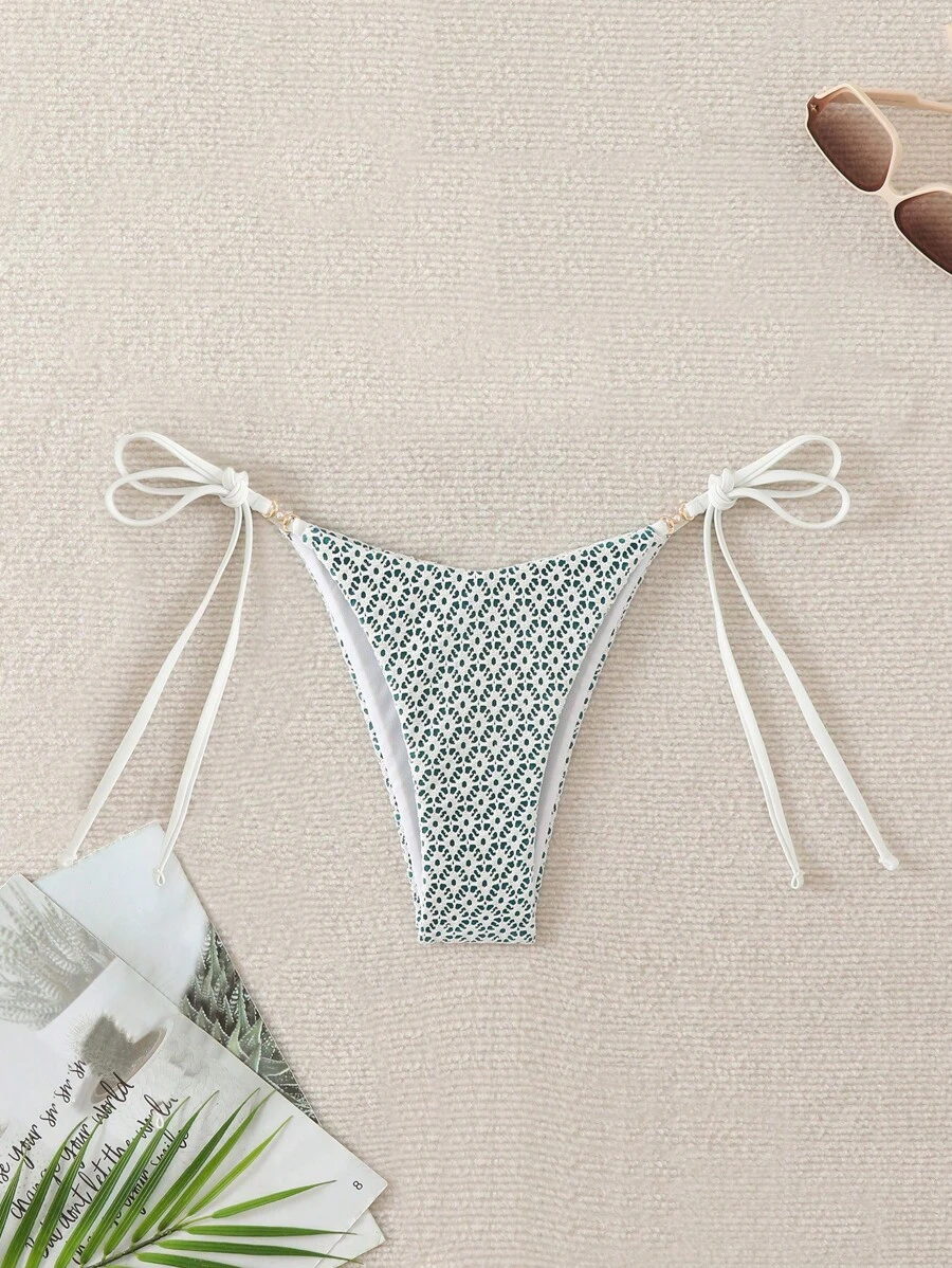 SHEIN Swim Beach Mod Women Solid Textured Side Tie Bikini Bottom - Dark Green - View 1