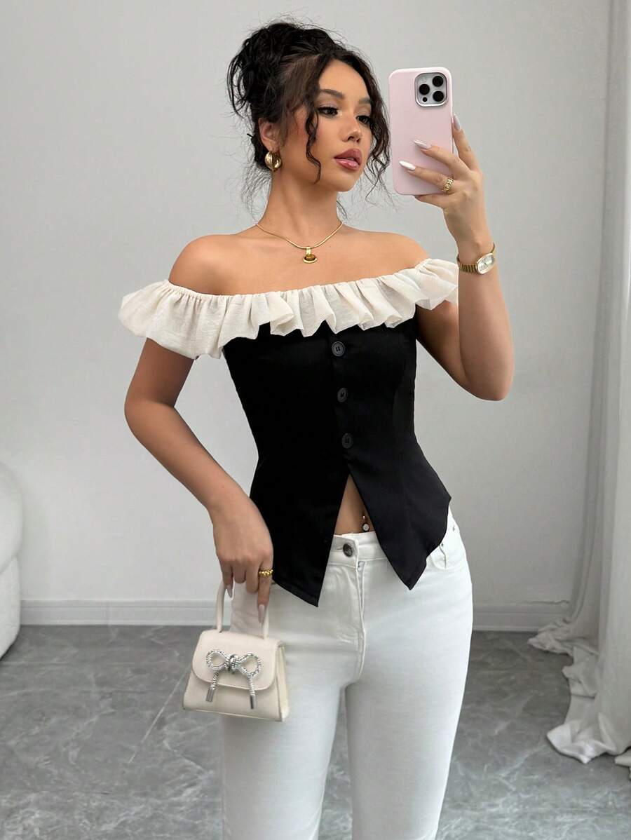 SHEIN Clasi Women's Casual Short Off-Shoulder Business Shirt, Suitable For Holiday, Back To School, Eid Al-Fitr, Music Festival, Summer - Black - View 1