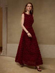 MOTF PREMIUM MESH FLORAL APPLIQUED TANK DRESS,VALENTINE'S DAY OUTFIT - Red - View 3