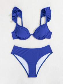 SHEIN Swim 女士纯色荷叶边性感比基尼两件套泳衣套装，夏季沙滩泳衣 - 藍色 - 查看 1