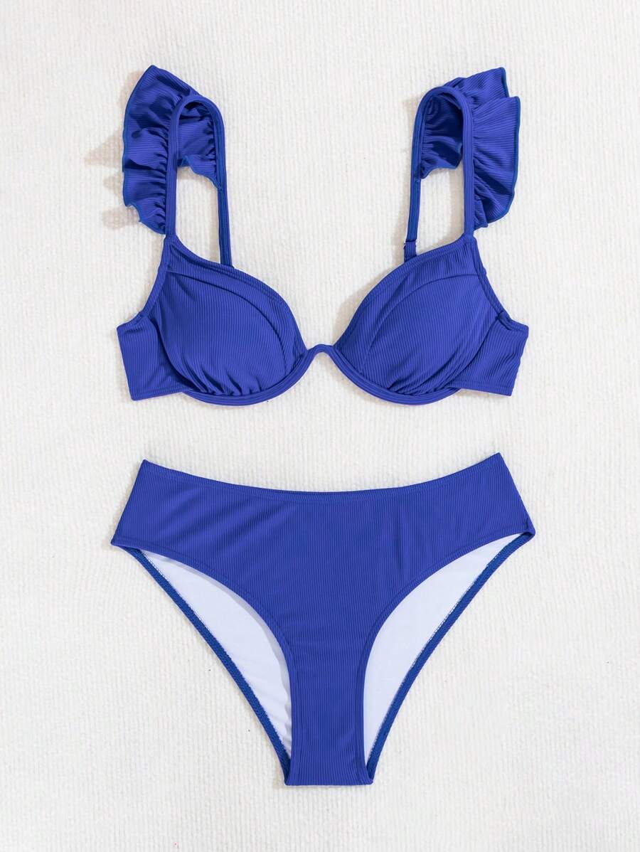 SHEIN Swim 女士纯色荷叶边性感比基尼两件套泳衣套装,夏季沙滩泳衣 - 藍色 - 查看 1