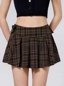 Aveloria Affinna 复古格子设计可折叠腰部分层褶皱下摆 A 字形女式裙子