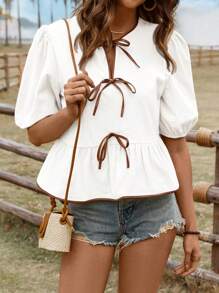 SHEIN LUNE 女士休闲泡泡袖撞色蝴蝶结衬衫，基础款短袖上衣，适合日常穿着，春夏棉质，休闲百搭 - 白色 - 查看 5