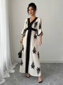 Calvaya Women's Colorblock Flare Sleeve Graphic Print Casual Long Dress