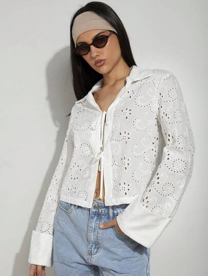 COSMINA قميص كاجوال نسائي بأكمام طويلة مطرز مع ربطة أمامية