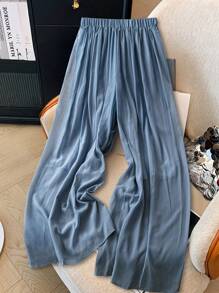 Chiquease 女士夏季宽松百褶阔腿休闲裤，百搭 - 藍色 - 查看 1