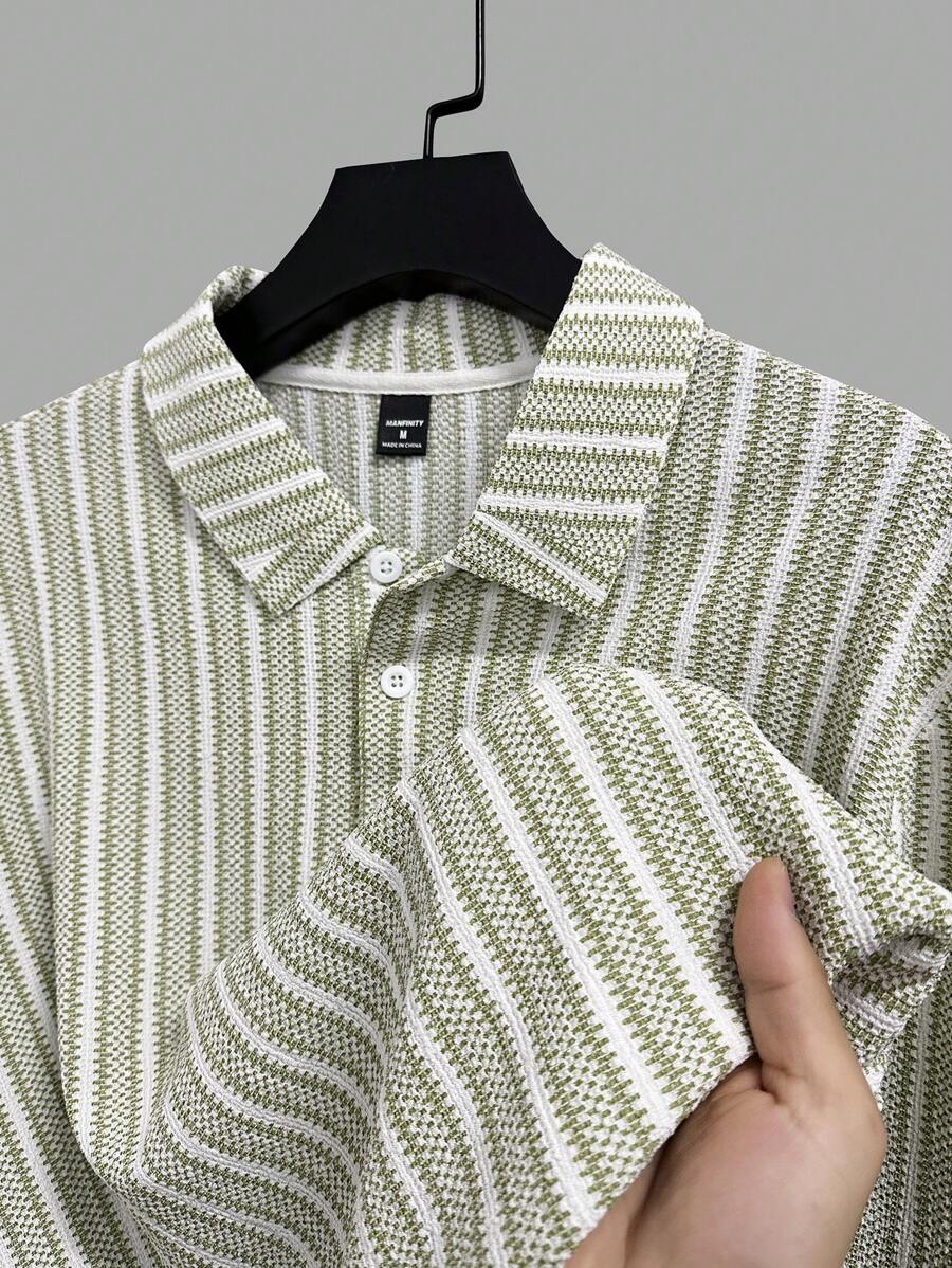 Manfinity Homme 男士夏季休闲通勤条纹短袖 Polo 衫 - 綠色 - 查看 1