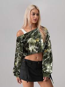 SHEIN Unity Women's Branch Print Asymmetric Shoulder Cropped Sweatshirt Pullover Fall - Multicolor - View 5