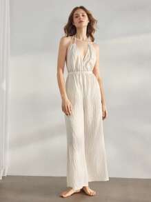 女士条纹休闲连体裤配吊带家居服 - 米色 - 查看 5