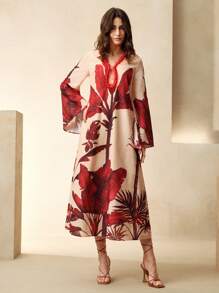 Anewsta Holiday, Casual, Festival, Vacation, Beach Ladies' Spring/Summer New Fashion Coconut Tree Printed Wine Red Holiday V-Neck Long Dress - Red - View 1
