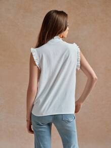 Écloséra 女士休闲优雅百搭纯色立领荷叶边无袖衬衫 - 白色 - 查看 2