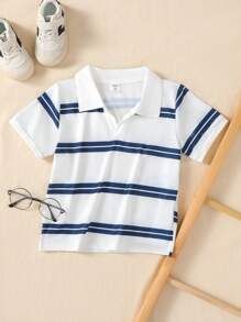 Young Boys Toddler Casual Daily Striped Polo Shirt Short Sleeve Top, Suitable For Spring/Summer Casual Outings, School, Vacation, Comfortable And Versatile