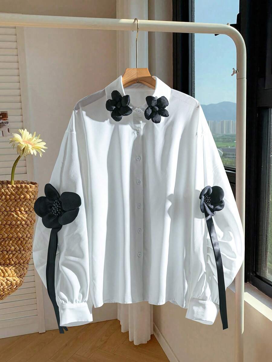 SHEIN PETITE Women's Casual Single-Breasted Long Sleeve Loose Embossed Floral Shirt - White - View 1