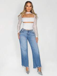 Zolique Women Contrast Lace Hollow Out Sexy Long Sleeve T-Shirt Fall Cloth For Women - White - View 3