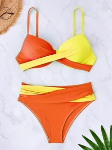 SHEIN Swim 女士聚拢比基尼泳装套装，海滩夏季服装 - 彩色 - 查看 4