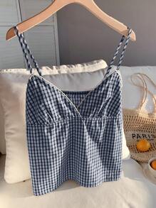 Comfortcana Women's Navy & White Plaid V-Neck Ruffle Camisole - Navy Blue - View 5