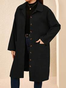 EMERY ROSE Plus Size Country Corduroy Double Pocket Button Placket Midi Coat,Fall Winter Autumn - Black - View 3