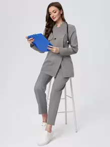 Scrubzie 2pcs Women Scrub Uniform Set, Wrinkle-Resistant Stand Collar Long Sleeve Top And Pants