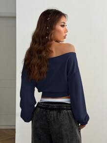 SHEIN EZwear Women Winter Casual One Shoulder Loose Sweatshirt - Navy Blue - View 2