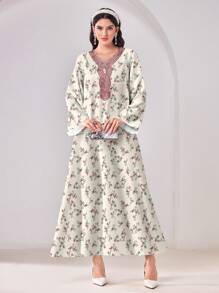 SHEIN Najma Floral Print V-Neck Long Sleeve Modest Arabic Style Dress, Suitable For Spring & Summer - Apricot - View 2