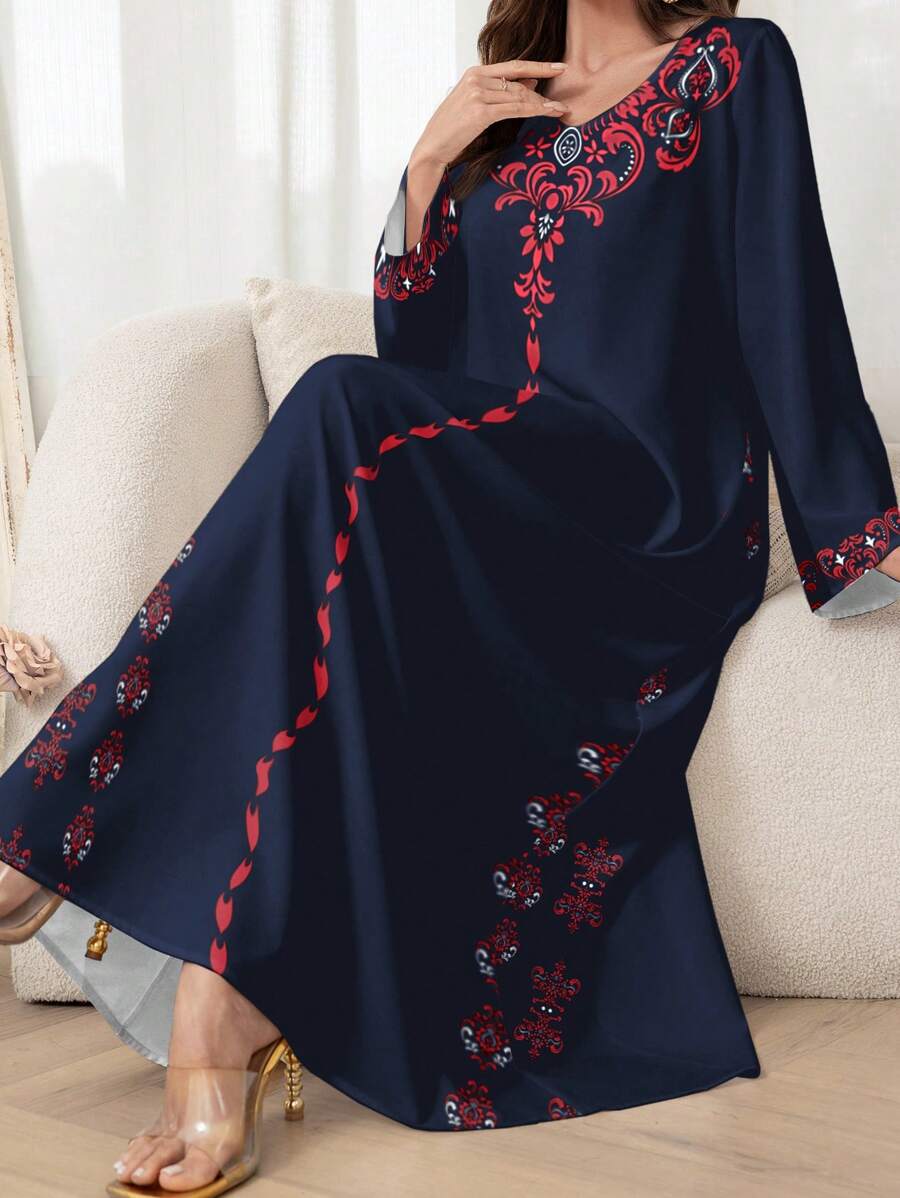 Al Najma Women's Simple Arabic Style Dress, Fashionable Summer Wear,Modest - Navy Blue - View 1