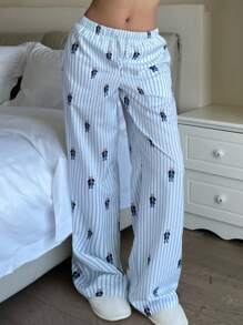 SHEIN Pantalones sueltos azul y blanco con rayas de verano versátiles y casuales para adolescentes