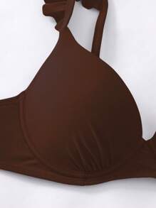 Swim SXY Push-Up Flounce Trim Split Swimwear, Solid Color Bikini, Suitable For Beach Vacation - Coffee Brown - View 5
