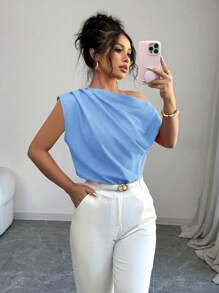 Elenzga Áo sơ mi nữ cổ bẻ xếp ly màu trơn, thời trang tối giản mùa hè - Màu xanh nhạt - Xem 5