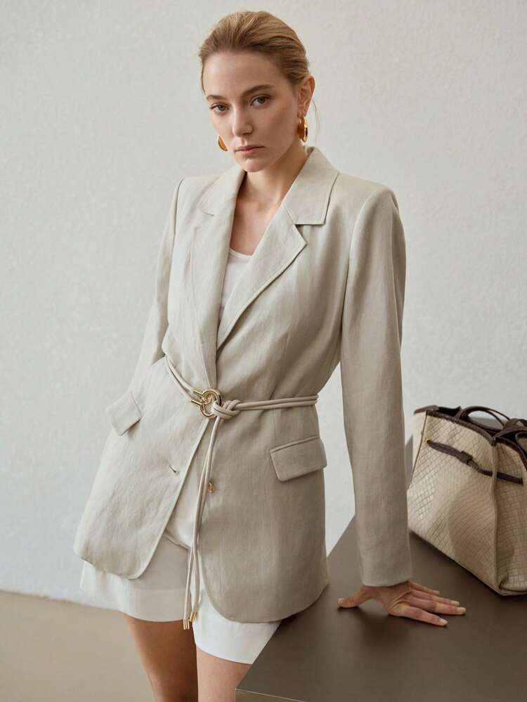 LINEN BELTED LIGHTWEIGHT BLAZER,BUSINESS CASUAL WOMAN