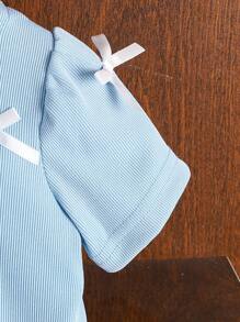 2pcs/Set Baby Girls 2024 Summer New Knitwear Bow Short Sleeve Top + Baby Girls Summer New Fashionable Solid Color Splicing Mesh Tulle Ruffle Skirt - Baby Blue - View 6