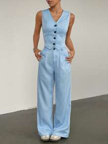 Flirla Casual Commuting Striped Vest And Long Pants Suit Set - Blue - View 6