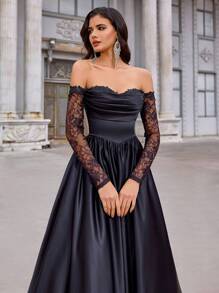 Aureia 春夏优雅浪漫华丽黑色露肩透视蕾丝长袖礼服，奢华亮片蕾丝拼接缎面宽松版型，适合晚宴、单身派对、生日约会、节日舞会、返校季、毕业季、婚礼等场合穿着（大码款），正式场合，礼服，适合婚礼宾客、情人节等场合。 - 黑色 - 查看 8