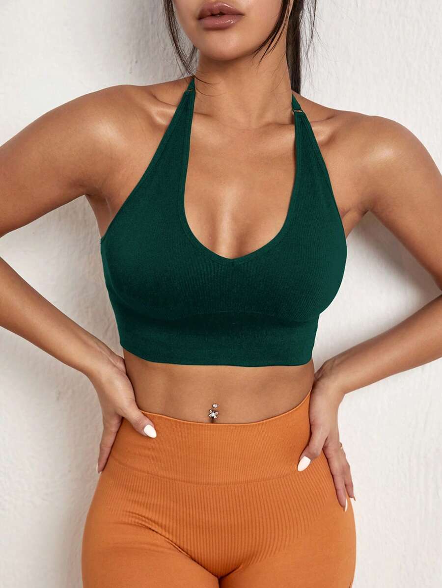 Menodora SHEIN Sport Áo ngực thể thao thể thao hàng ngày cổ yếm màu trơn dành cho nữ - Màu xanh lá cây đậm - Xem 1